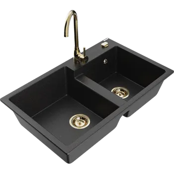 Granitový dřez Mexen Tomas žulový dřez 2-komorový s kuchyňskou baterií Telma, černý/stříbrný metalik - 6516-73-670200-50 Granitové dřezy s baterií