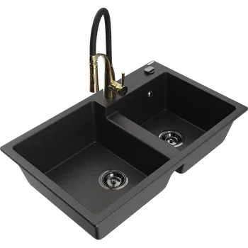 Granitový dřez Mexen Tomas žulový dřez 2-komorový s kuchyňskou baterií Aster, černý/stříbrný metalik - 6516-73-73450-57-B Granitové dřezy s baterií