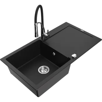 Granitový dřez Mexen Leo granitový dřez 1-komorový s odkapem a kuchyňskou baterií Aster, černý - 6501-77-73450-07 Granitové dřezy s baterií