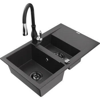 Granitový dřez Mexen Gaspar granitový dřez 1,5-komorový s odkapávačem a kuchyňskou baterií Savita, černý tečkovaný - 6507-76-672601-70-B Granitové dřezy s baterií