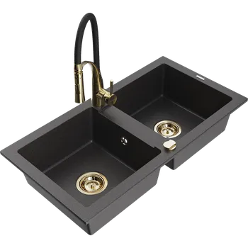 Granitový dřez Mexen Mario žulový dřez 2-komorový s kuchyňskou baterií Aster, černý tečkovaný - 6504-76-73450-57-G Granitové dřezy s baterií