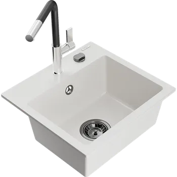 Granitový dřez Mexen Milo granitový kuchyňský dřez 1-komorový s kuchyňskou baterií Flora, bílý - 6505-20-670401-07-B Granitové dřezy s baterií