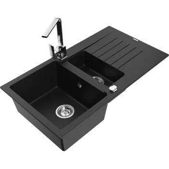 Granitový dřez Mexen Matias granitový dřez 1,5-komorový s odkapávačem a kuchyňskou baterií Rita, černý - 6502-77-670300-00 Granitové dřezy s baterií