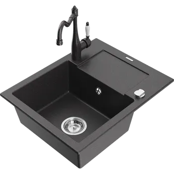 Granitový dřez Mexen Enzo granitový dřez 1-komorový s odkapávačem a kuchyňskou baterií Carla, černý skvrnitý - 6506-76-670700-76 Granitové dřezy s baterií