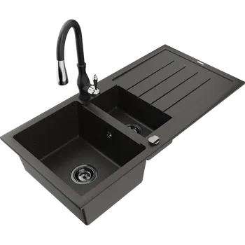 Granitový dřez Mexen Andres granitový dřez 1,5-komorový s odkapávačem a kuchyňskou baterií Savita, černý/zlatý - 6515-75-672601-70-B Granitové dřezy s baterií