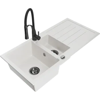 Granitový dřez Mexen Andres granitový dřez 1,5-komorový s odkapávačem a kuchyňskou baterií Aster, bílý - 6515-20-73450-70-B Granitové dřezy s baterií