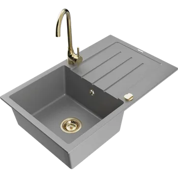 Granitový dřez Mexen Bruno granitový dřez 1-komorový s odkapávačem a kuchyňskou baterií Telma, šedý - 6513-71-670200-50 Granitové dřezy s baterií