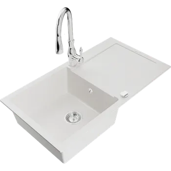 Granitový dřez Mexen Leo granitový dřez s jednou komorou a odkapávačem a kuchyňskou baterií Savita, bílý - 6501-20-672601-00 Granitové dřezy s baterií