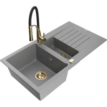 Granitový dřez Mexen Matias granitový dřez 1,5-komorový s odkapávačem a kuchyňskou baterií Aster, šedý - 6502-71-73450-57-G Granitové dřezy s baterií
