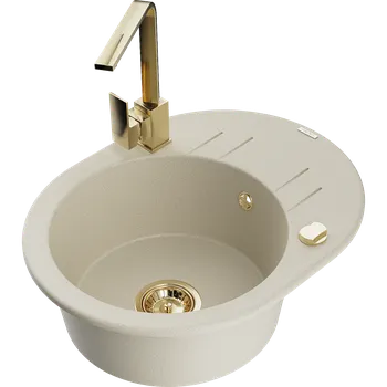 Granitový dřez Mexen Kevin granitový dřez 1-komorový s odkapávačem a kuchyňskou baterií Rita, béžový - 6517-69-670300-50 Granitové dřezy s baterií