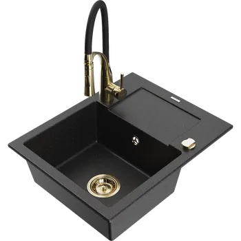 Granitový dřez Mexen Enzo granitový dřez 1-komorový s odkapávačem a kuchyňskou baterií Aster, černý/stříbrný metalik - 6506-73-73450-57-G Granitové dřezy s baterií