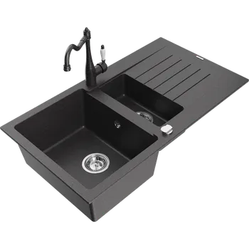 Granitový dřez Mexen Matias žulový dřez 1,5-komorový s odkapávačem a kuchyňskou baterií Carla, černý kropenatý - 6502-76-670700-76 Granitové dřezy s baterií