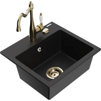 Kuchyňský dřez Mexen Milo granitový dřez s 1 komorou a kuchyňskou baterií Carla, černý - 6505-77-670700-50 Granitové dřezy s baterií