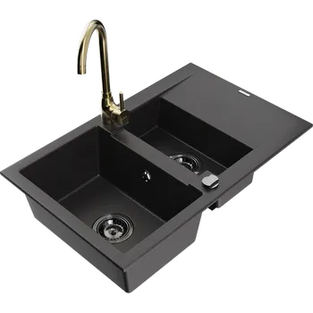Granitový dřez Mexen Gaspar granitový dřez 1,5-komorový s odkapávačem a kuchyňskou baterií Telma, černý - 6507-77-670200-50-B Granitové dřezy s baterií
