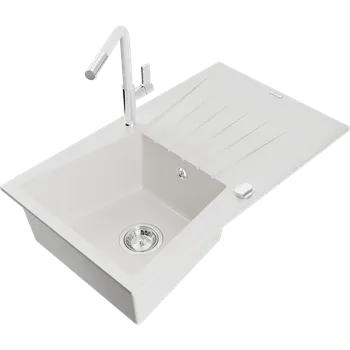 Granitový dřez Mexen Cesar granitový dřez 1-komorový s odkapávačem a kuchyňskou baterií Flora, bílý - 6514-20-670401-02 Granitové dřezy s baterií