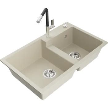 Granitový dřez Mexen Tomas dřez granitový 2-komorový s kuchyňskou baterií Flora, béžový - 6516-69-670401-07 Granitové dřezy s baterií