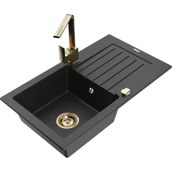Granitový dřez Mexen Pablo granitový dřez 1-komorový s odkapávačem a kuchyňskou baterií Rita, černý/stříbrný metalík - 6510-73-670300-50 Granitové dřezy s baterií