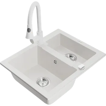 Granitový dřez Mexen Carlos granitový dřez s 1,5 komorami s kuchyňskou baterií Elia, bílý - 6518-20-670101-20 Granitové dřezy s baterií