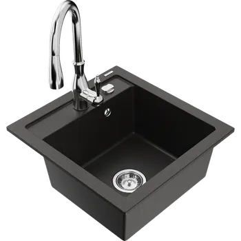 Granitový dřez Mexen Vito granitový dřez 1-komorový s kuchyňskou baterií Savita, černo/zlatý metalik - 6503-75-672601-00 Granitové dřezy s baterií