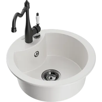 Granitový dřez Mexen Diego granitový dřez 1-komorový s kuchyňskou baterií Carla, bílý - 6512-20-670700-70 Granitové dřezy s baterií