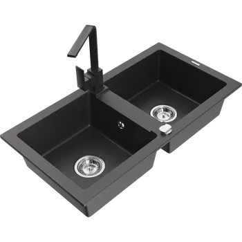 Granitový dřez Mexen Mario žulový dřez 2-komorový s kuchyňskou baterií Rita, černý tečkovaný - 6504-76-670300-76 Granitové dřezy s baterií