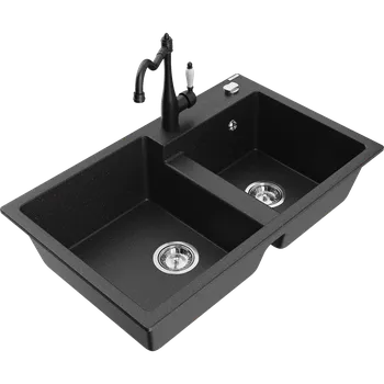 Granitový dřez Mexen Tomas dřez granitový 2-komorový s kuchyňskou baterií Carla, černý/stříbrný metalik - 6516-73-670700-70 Granitové dřezy s baterií