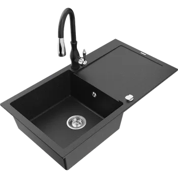 Granitový dřez Mexen Leo granitový jednodřez s odkapávačem a kuchyňskou baterií Savita, černý/stříbrný metalický - 6501-73-672601-70 Granitové dřezy s baterií