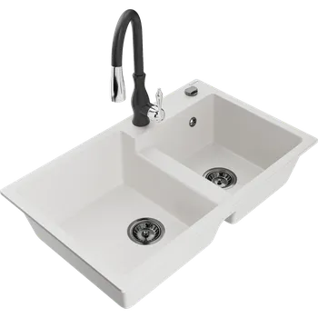 Kuchyňský dřez Mexen Tomas dřez granitový 2-komorový s kuchyňskou baterií Savita, bílá - 6516-20-672601-70 Granitové dřezy s baterií