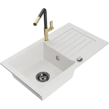 Granitový dřez Mexen Pablo granitový dřez s 1 komorou, odkapávačem a kuchyňskou baterií Flora, bílý - 6510-20-670401-57-B Granitové dřezy s baterií