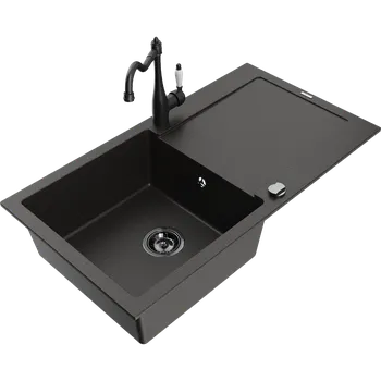 Granitový dřez Mexen Leo granitový dřez 1-komorový s odkapávačem a kuchyňskou baterií Carla, černý/zlatý metalík - 6501-75-670700-70-B Granitové dřezy s baterií