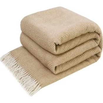 deka Vlněná merino deka LoveYouHome,140x200cm Béžová s bílou rybí kostí