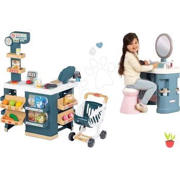 Hra na obchod Set obchod elektronický s váhou a skenerem Super Market a kosmetický stolek Smoby se židlí a zrcadlem