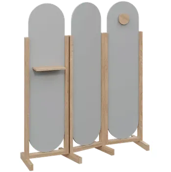 Paraván ATMOSFERE ROUND 416, dřevěný 3-dílný paraván, mobilní, výška 1600 mm, rám dub bardolino, výplň šedá, polička, věšák