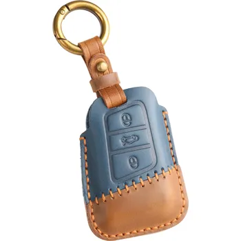 Kožené pouzdro pro autoklíč VW, Škoda, Seat modré KEYLESS, luxusní provedení z pravé kůže, ručně šité