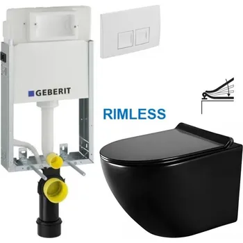 Klozet GEBERIT KOMBIFIXBasic vč. bílého tlačítka DELTA 50 + WC MEXEN LENA ČERNÁ Rimless + SEDÁTKO 110.100.00.1 50BI ME01