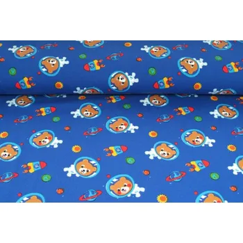 Úplet jednolíc, méďa astronaut na modrém podkladu, tričkovina, látky, metráž