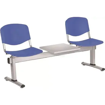 Zahradní lavice VINCENZA - 3 S, plastová lavice do čekárny, 2-sedák, stolek, světle modrá, kostra stříbrná