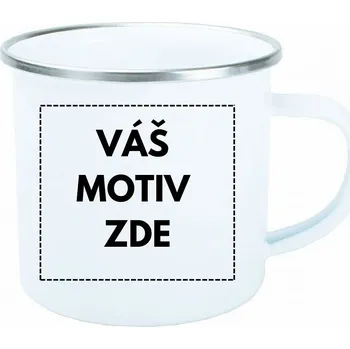 AveTech Smaltovaný plechový bílý hrnek 360 ml se stříbrným lemem - bez nálepky