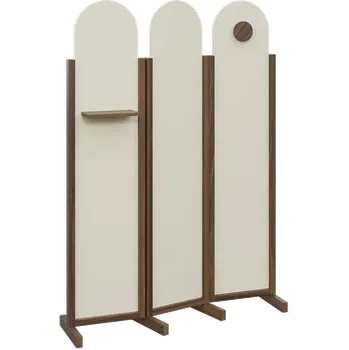 Paraván ATMOSFERE ROUND 219, dřevěný 3-dílný paraván, mobilní, výška 1900 mm, rám ořech královský, výplň smetanová, polička, věšák