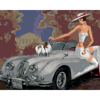 ZUTY Malování podle čísel - DÁMA SE PSEM NA KABRIOLETU Rozměr: 40x50 cm, Rámování: bez rámu a bez vypnutí plátna