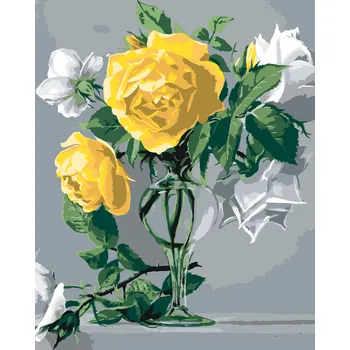 ZUTY Malování podle čísel - ZÁTIŠÍ BÍLÉ A ŽLUTÉ RŮŽE VE SKLENĚNÉ VÁZE (PIETER WAGEMANS) Rozměr: 40x50 cm, Rámování: vypnuté plátno na rám