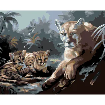 ZUTY Malování podle čísel - PUMA S MLÁĎATY (D. RUSTY RUST) Rozměr: 40x50 cm, Rámování: bez rámu a bez vypnutí plátna