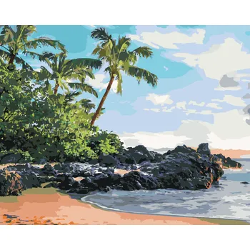 Hračka ZUTY Malování podle čísel - POBŘEŽÍ, PALMY A ZÁPAD SLUNCE (TED DAVIS) Rozměr: 40x50 cm, Rámování: bez rámu a bez vypnutí plátna