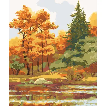 ZUTY Malování podle čísel - PODZIMNÍ LES NA JEZEŘE Rozměr: 40x50 cm, Rámování: vypnuté plátno na rám