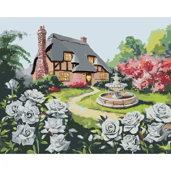 ZUTY Malování podle čísel - BÍLÉ RŮŽE A DŮM S FONTÁNOU (D. RUSTY RUST) Rozměr: 40x50 cm, Rámování: bez rámu a bez vypnutí plátna
