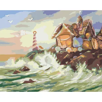 ZUTY Malování podle čísel - DŮM A MAJÁK Z MUŠLÍ A VLNY (D. RUSTY RUST) Rozměr: 40x50 cm, Rámování: bez rámu a bez vypnutí plátna