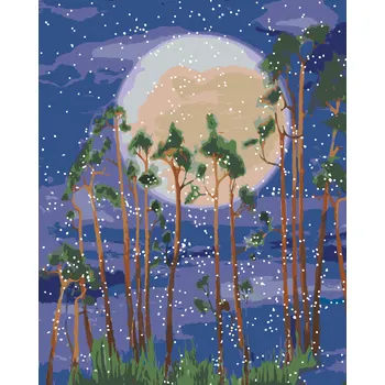 ZUTY Malování podle čísel - MĚSÍC ZA STROMY V LESE Rozměr: 40x50 cm, Rámování: bez rámu a bez vypnutí plátna