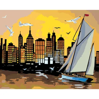 ZUTY Malování podle čísel - PLACHETNICE, MRAKODRAPY A ZÁPAD SLUNCE (D. RUSTY RUST) Rozměr: 40x50 cm, Rámování: bez rámu a bez vypnutí plátna