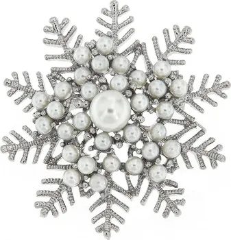 Brož Vánoční brož vločka ozdobená bílými perličkami stříbrné barvy