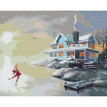 ZUTY Malování podle čísel - KRASOBRUSLAŘKA NA LEDĚ U MOLA A MODRÝ DŮM (D. RUSTY RUST) Rozměr: 40x50 cm, Rámování: vypnuté plátno na rám